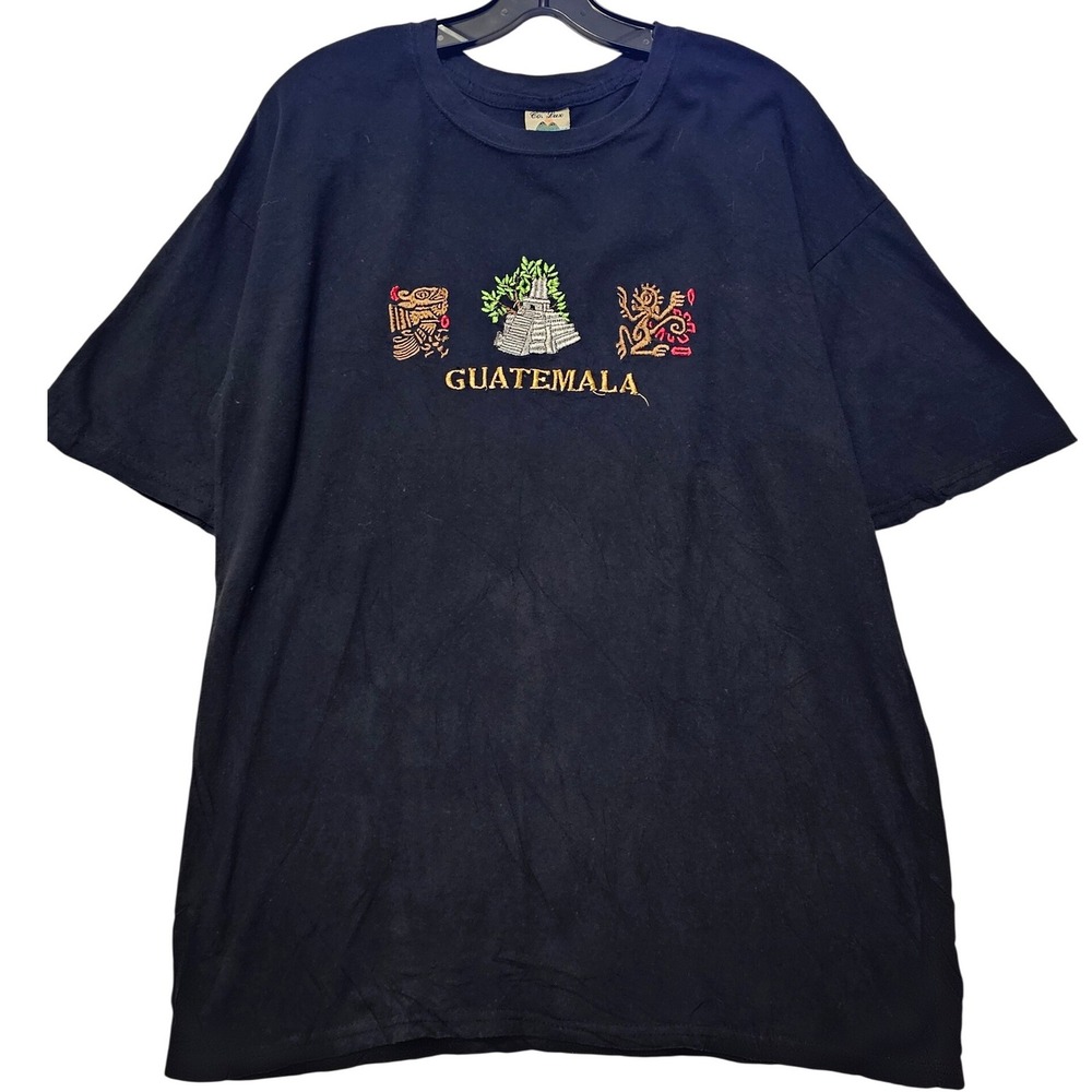 Co Lux Guatemala Mayan Temple Embroidered Black Cotton T-Shirt Mens XL Souvenir